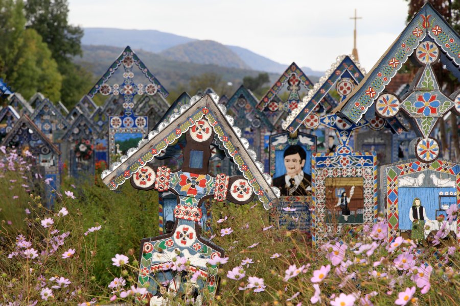 The Merry Cemetery with naive paintings on tombstones